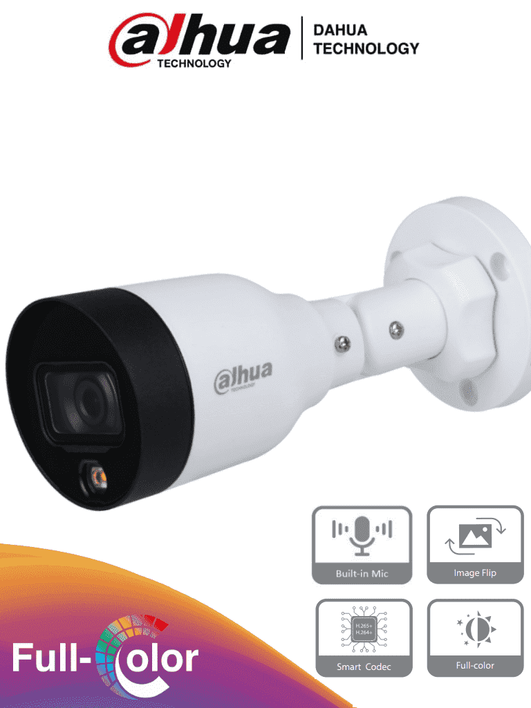 CAMARA DE SEGURIDAD IP BALA 4 MEGAPIXELES DAHUA FULL COLOR 2.8M 30M IP67 MICROFONO SEMI METALICA POE