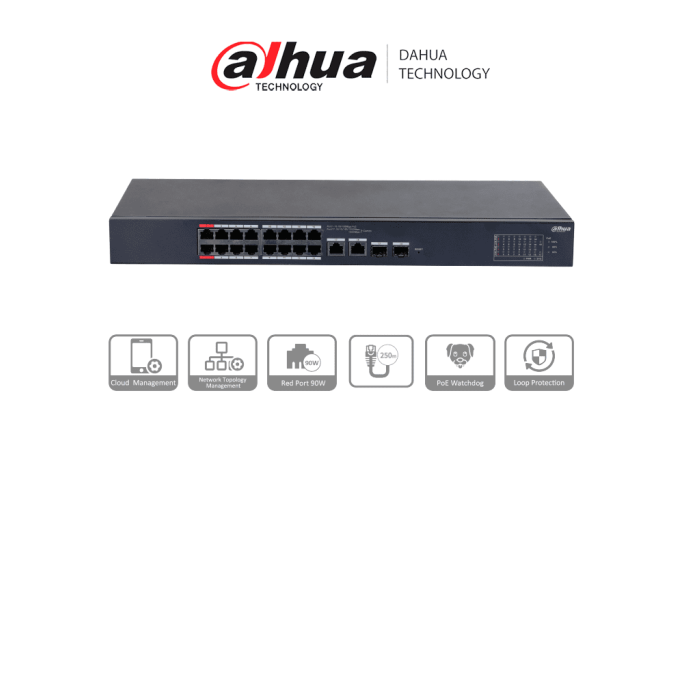 SWITCH DE 16 PUERTOS POE CAPA 2 DAHUA BASE 100 + 2 SFP GIGABITE