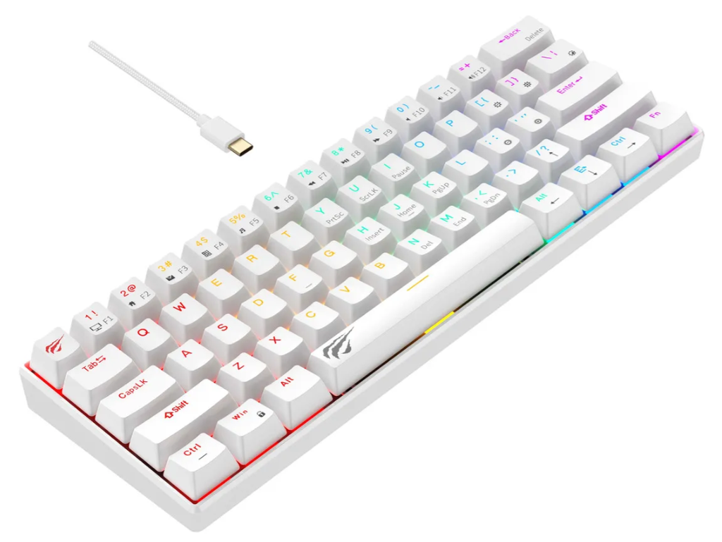 TECLADO MECANICO COMPACTO BLANCO CABLE TIPO C HAVIT 61 TECLAS RGB