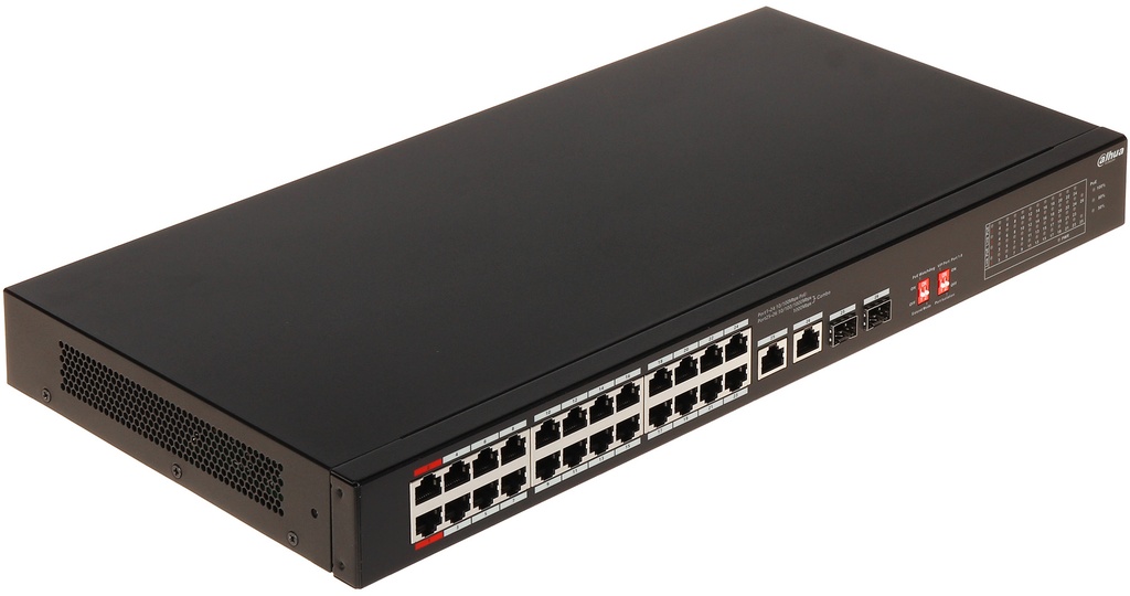 SWITCH POE 26 PUERTOS 24 100MBPS POE 2 PUERTOS 1000MBPS UPLINK 1-2 HASTA 60W 3-24 30W TOTAL MAX 360W
