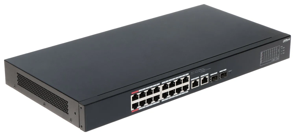 SWITCH DE 16 PUERTOS POE CAPA 2 DAHUA BASE 100 + 2 SFP GIGABITE