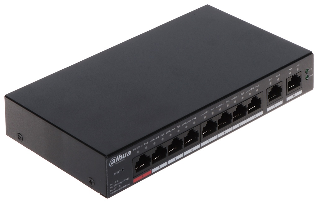 SWITCH DAHUA DE 10 PUERTOS ADMINISTABLE NUBE 8 PUERTOS POE 10/100 Y 2 PUERTOS 10/100/1000