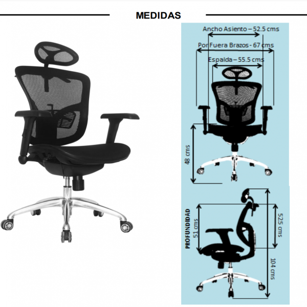 MANHATTAN ECO MARCO NEGRO / BRAZOS GRADUABLE / BASE ALUMINIO / ASIENTO Y ESPALDAR EN MALLA NEGRA / CON CABECERO / PERCHERO