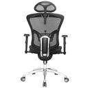 SILLA MANHATTAN LUJO  MARCO NEGRO / BRAZOS 3D / BASE CROMO / ASIENTO Y ESPALDAR EN MALLA NEGRA / CON CABECERO / PERCHERO