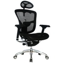 SILLA MANHATTAN LUJO  MARCO NEGRO / BRAZOS 3D / BASE CROMO / ASIENTO Y ESPALDAR EN MALLA NEGRA / CON CABECERO / PERCHERO