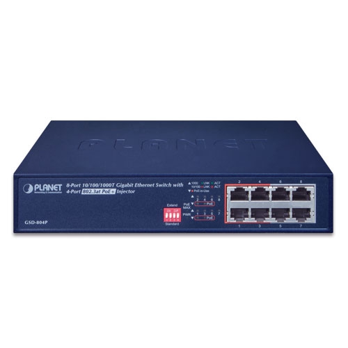 Switch PoE no Administrable, 8 Puertos 10/100/1000 Mbps con 4 Puertos PoE 802.3af/at, Modo Extender Hasta 250 mts