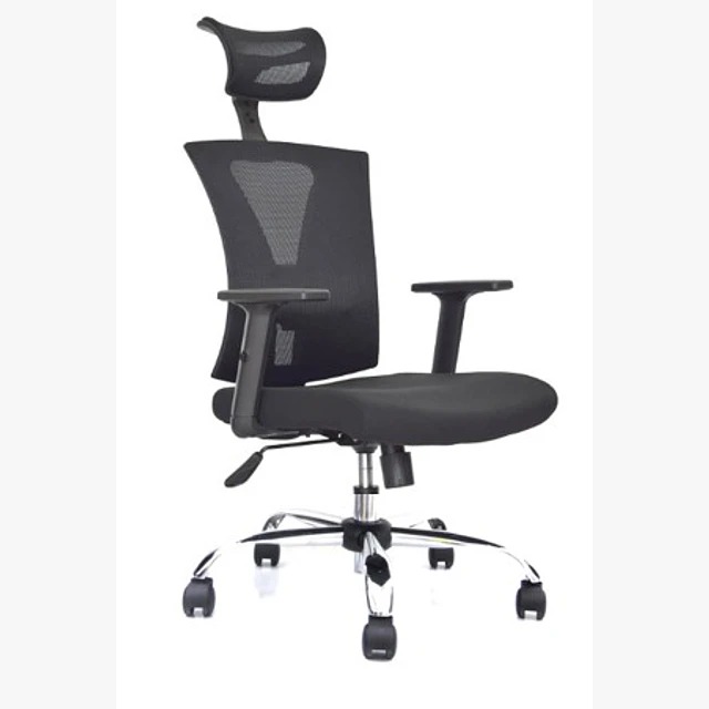 SILLA SHANGHAI BRAZOS GRADUABLE / BASE CROMO / ASIENTO EN PAÑO NEGRO/ ESPALDA EN MALLA NEGRA / CON CABECERO