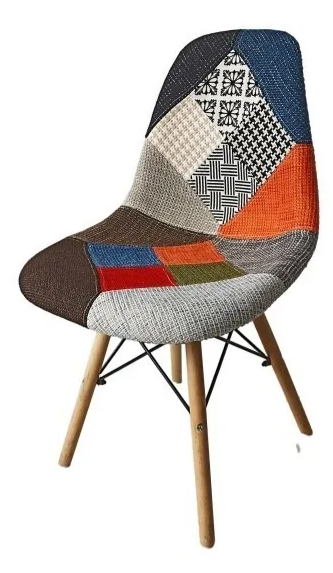SILLA EAMES TAPIZADA CUADROS NARANJA PATAS MADERA