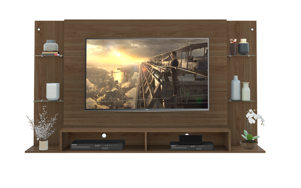 PANEL BRAGA 60` CON REPISAS DE VIDRIO COLOR MADERA 191X 105,5 CM