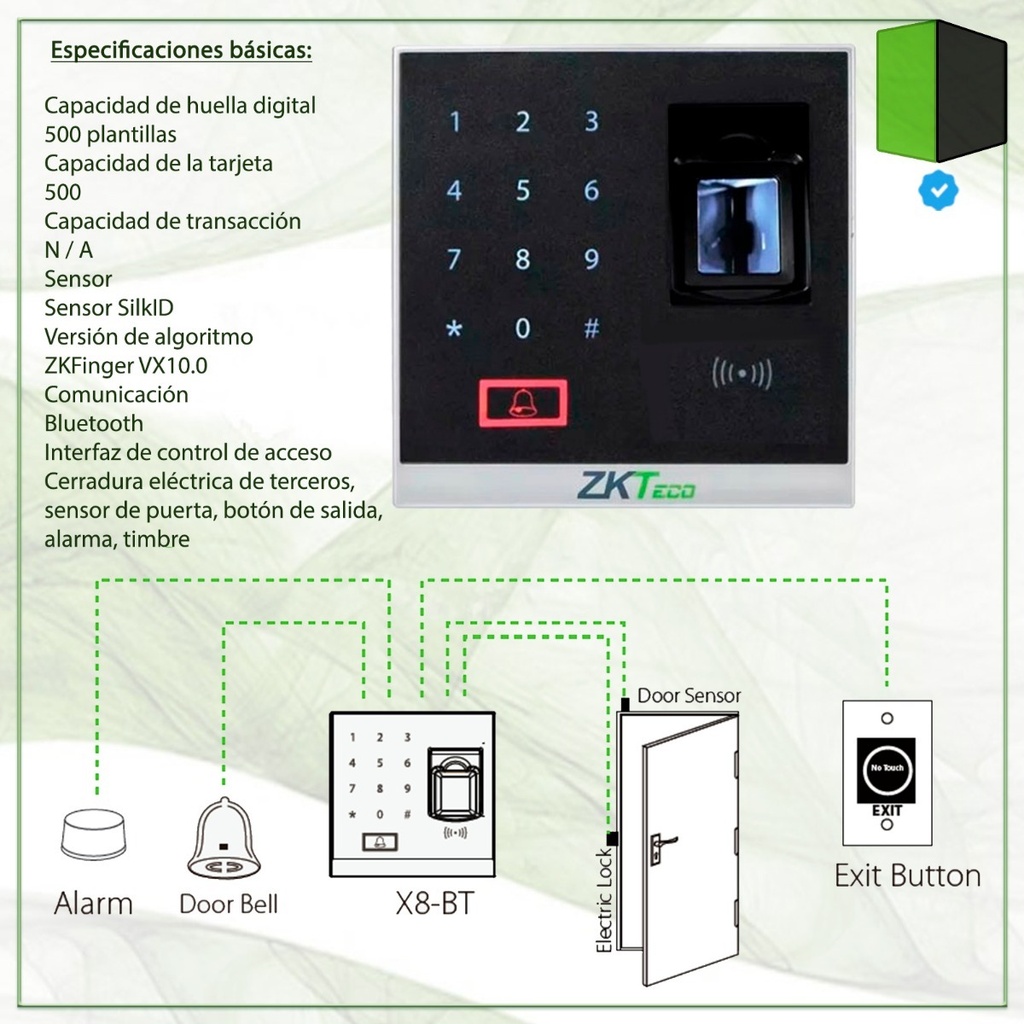 CONTROL DE ACCESO BIOMÉTRICO BLUETOOTH X8 ZKTECO CON APP