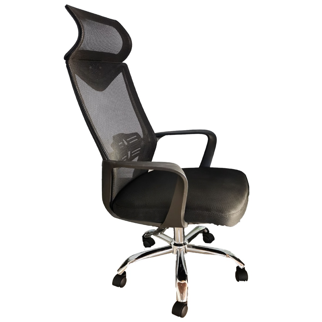 SILLA ERGONOMICA SOPORTE LUMBAR / CABECERO NEGRA CROMO GIRATORIA MAKKAH