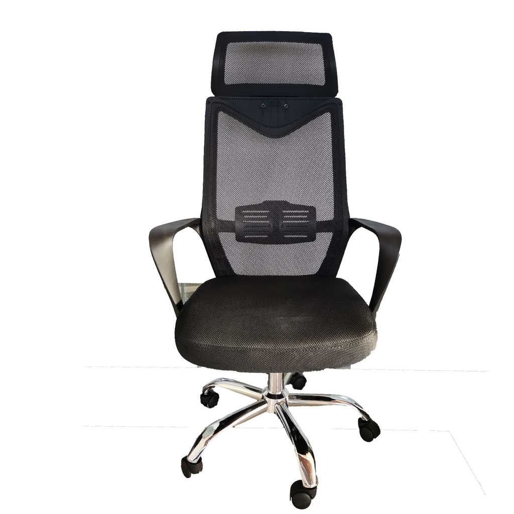 SILLA ERGONOMICA SOPORTE LUMBAR / CABECERO NEGRA CROMO GIRATORIA MAKKAH