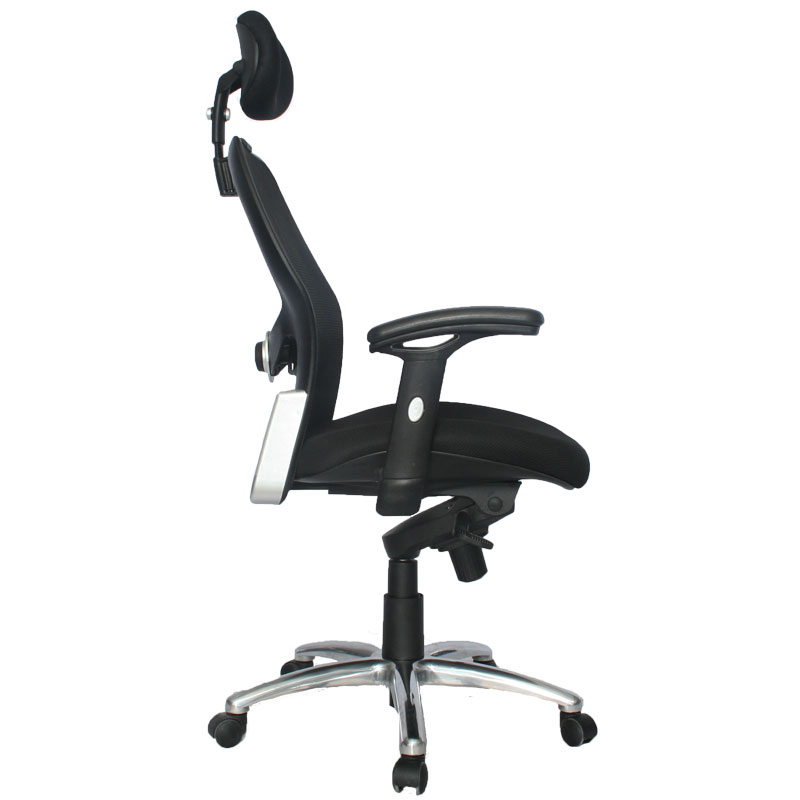 SILLA MONACO LUJO BRAZOS GRADUABLE / BASE ALUMINIO /CON CABECERO /ESPALDA EN MALLA / ASIENTO TAPIZADO EN PAÑO NEGRO
