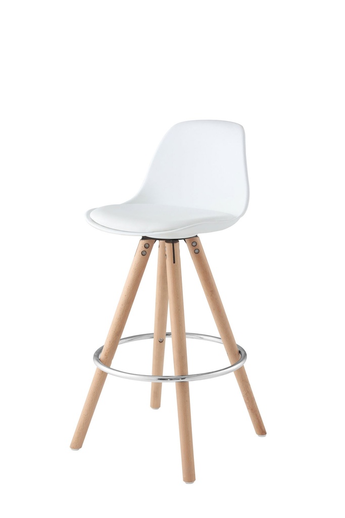 SILLA DE BAR ALTA BLANCA POLIPROPILENO ALCOLCHONABLE PATAS DE MADERA