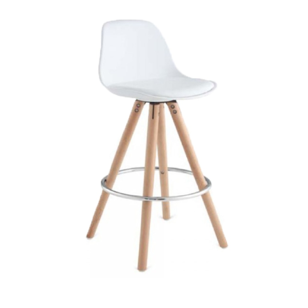 SILLA DE BAR ALTA BLANCA POLIPROPILENO ALCOLCHONABLE PATAS DE MADERA