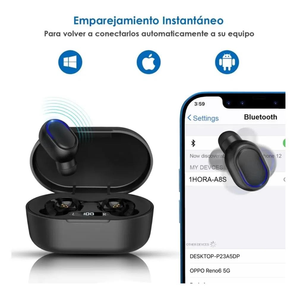 AUDIFONOS BLUETOOTH AUT114 NEGROS CON CARGA LCD AIRPODS TWS