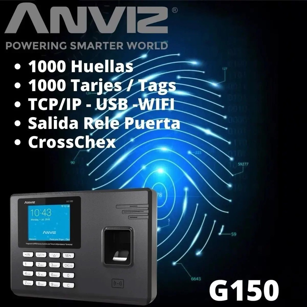 CONTROL DE ACCESO Y ASISTENCIA GC150 1000 HUELLAS SOFTWARE  ANVIZ TCP/IP LCD