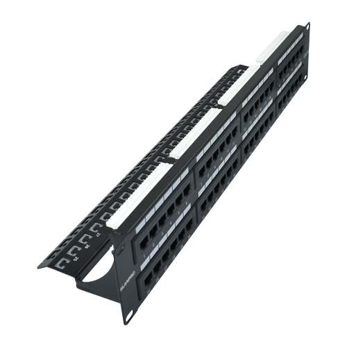 PATCH PANEL CAT 6 DE 48 PUERTOS 90/180° CON SOPORTE POSTERIOR INCLUIDO SIN BLINDAJE