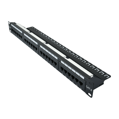 PATCH PANEL CAT 6 DE 24 PUERTOS 568A/568B CON BARRA POSTERIOR INCLUIDA SIN BLINDAJE