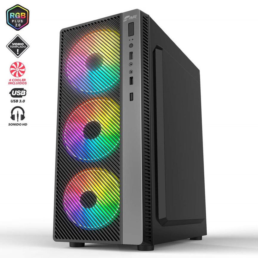 CHASIS GAMER RGB MALLA VIDRIO 4 COOLER INCLUIDOS USB 3.0