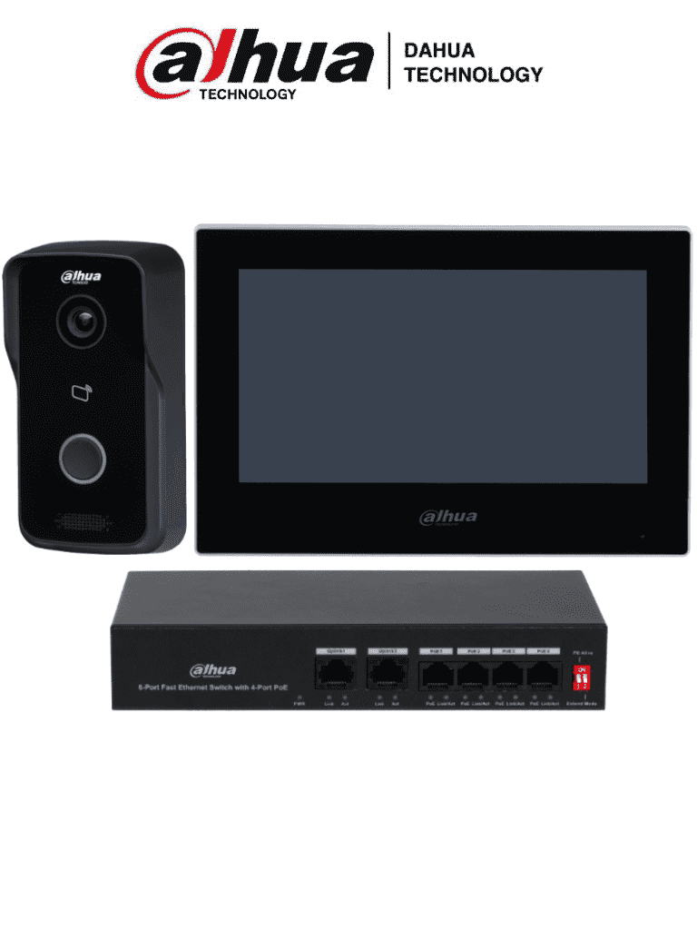 KIT DE VIDEO PORTERO IP FRENTE DE CALLE 2MP Y MONITOR IP POE CON SWITCH POE 4 PUERTOS