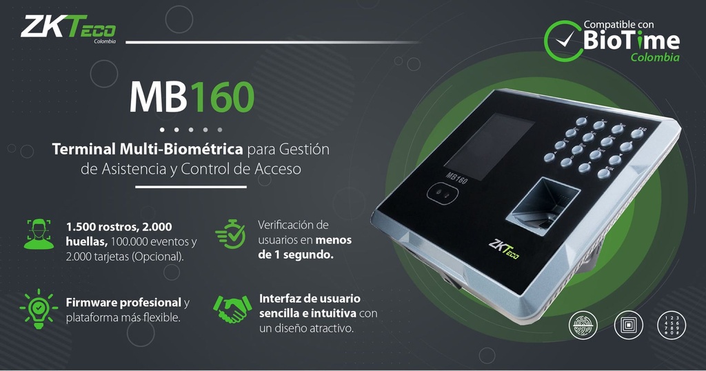 RELOJ BIOMETRICO MB160 - CONTROL DE ACCESO Y ASISTENCIA