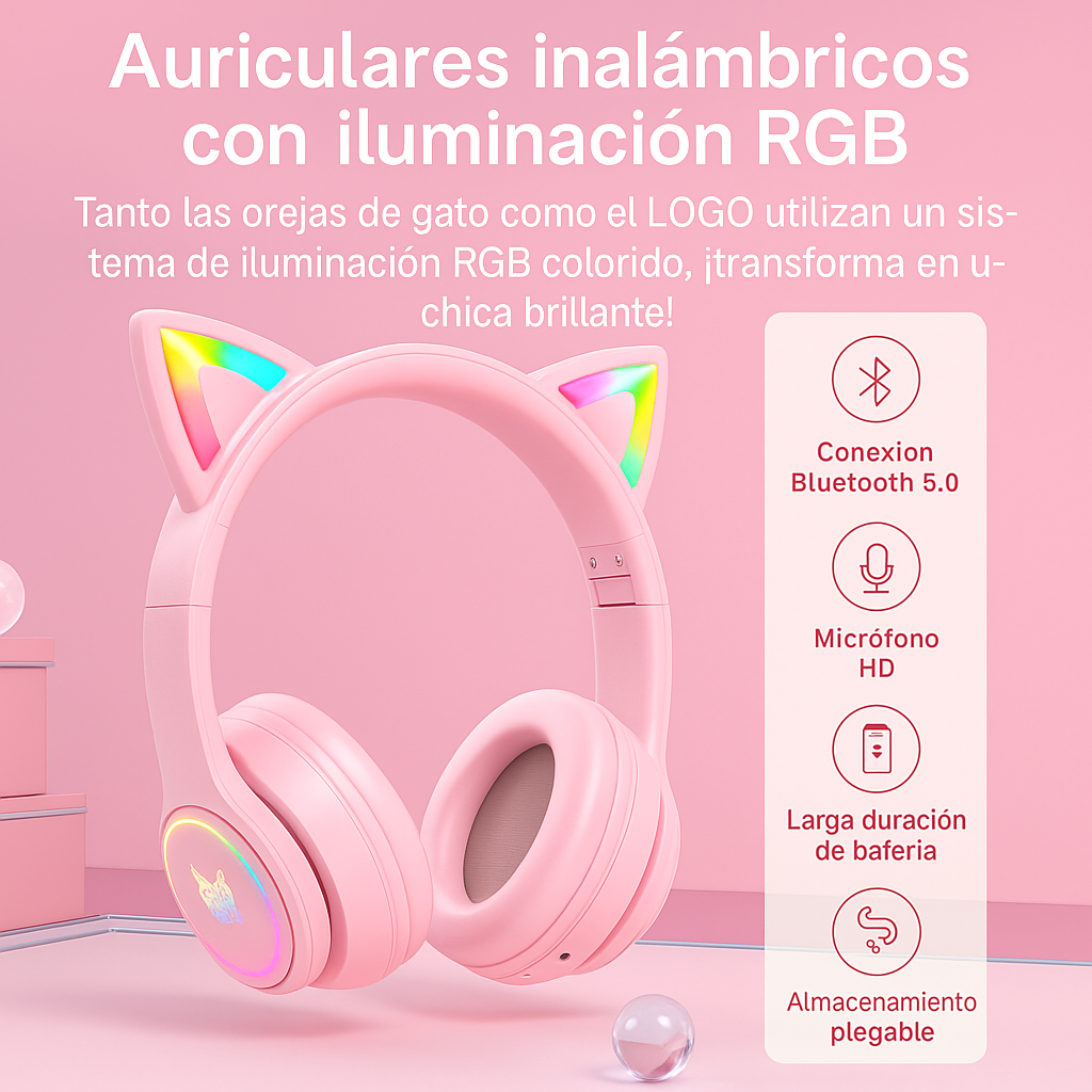 DIADEMA GAMER WAIFU BLUETOOTH RGB ROSADO MICROFONO RECARGABLE BATERIA