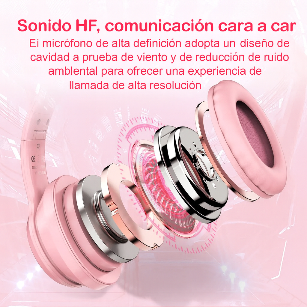 DIADEMA GAMER WAIFU BLUETOOTH RGB ROSADO MICROFONO RECARGABLE BATERIA