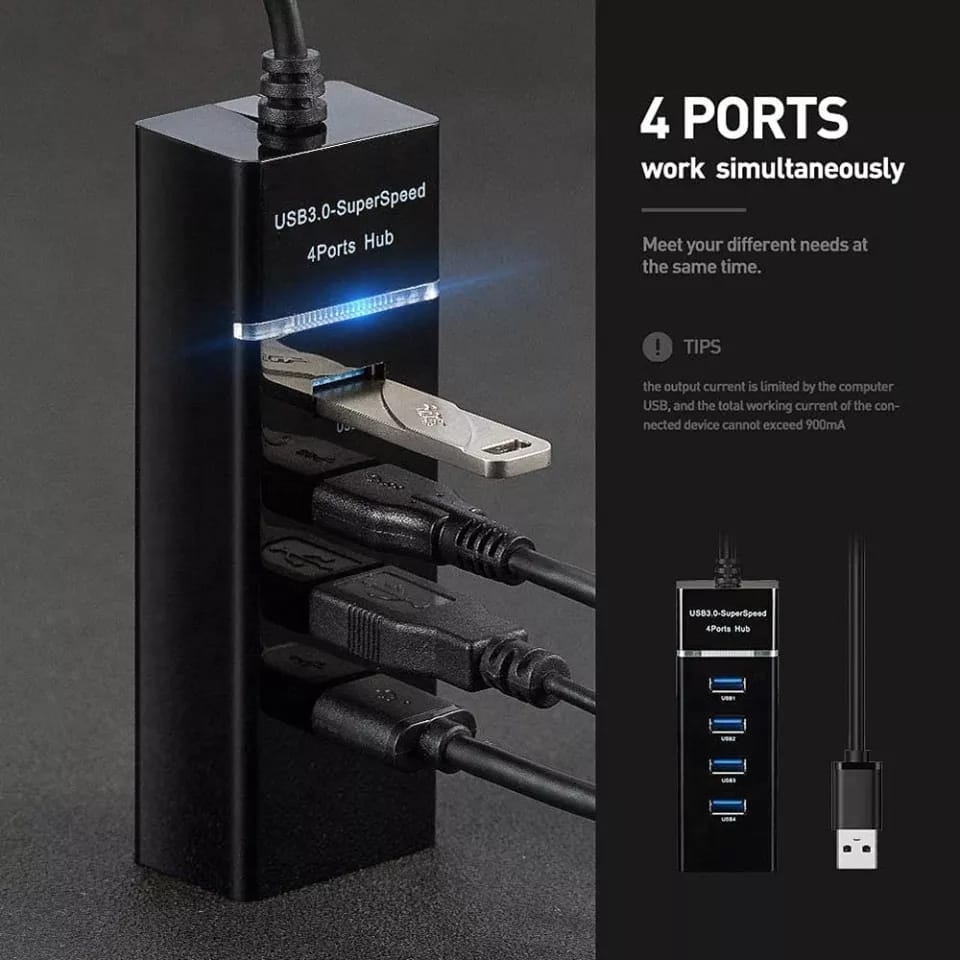 HUB USB DE 4 PUERTOS 3.0 RAPIDEZ PARA PC PORTATIL NEGRO LED
