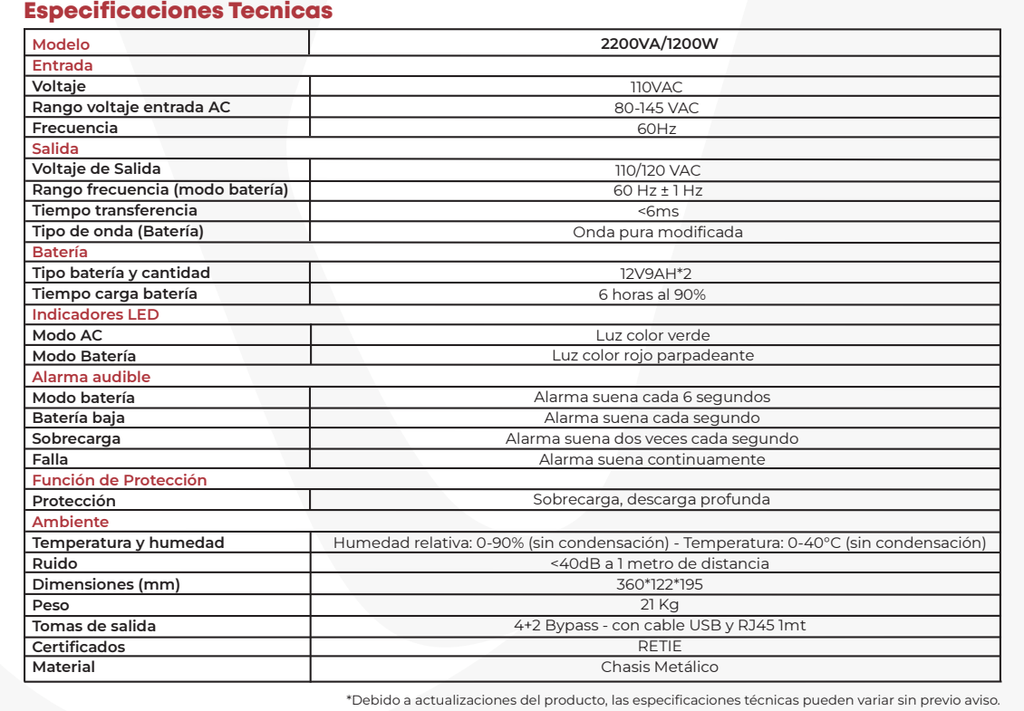 UPS INTERACTIVA NETION 2200VA/1200W CON 4 TOMAS REGULADAS 2KVA