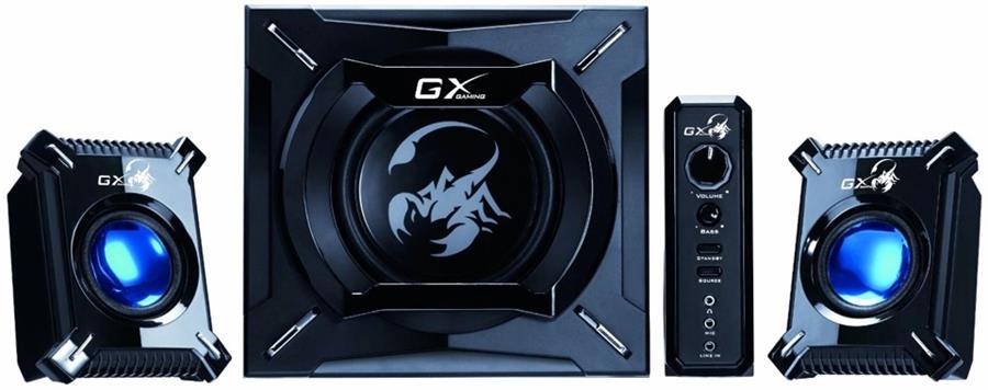 PARLANTES BAFLES GAMER GENIUS AZUL RGB 45W 3,5MM RCA SONIDO NITIDO BAJO MADERA