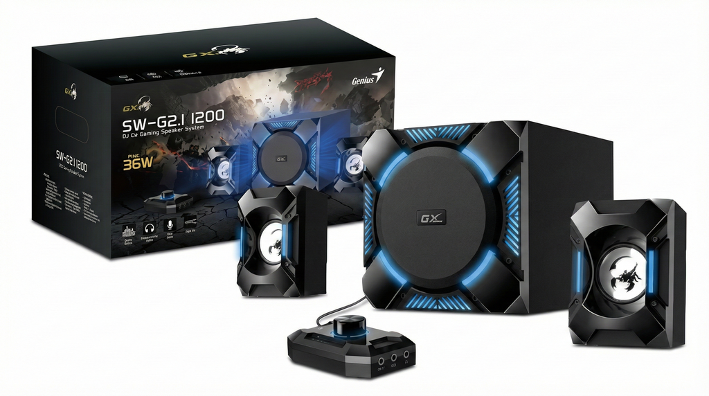 PARLANTES BAFLES GAMER 36W CONTROLADOR 3.5MM RCA PARA PC SONIDO NITIDO MADERA BAJO GENIUS