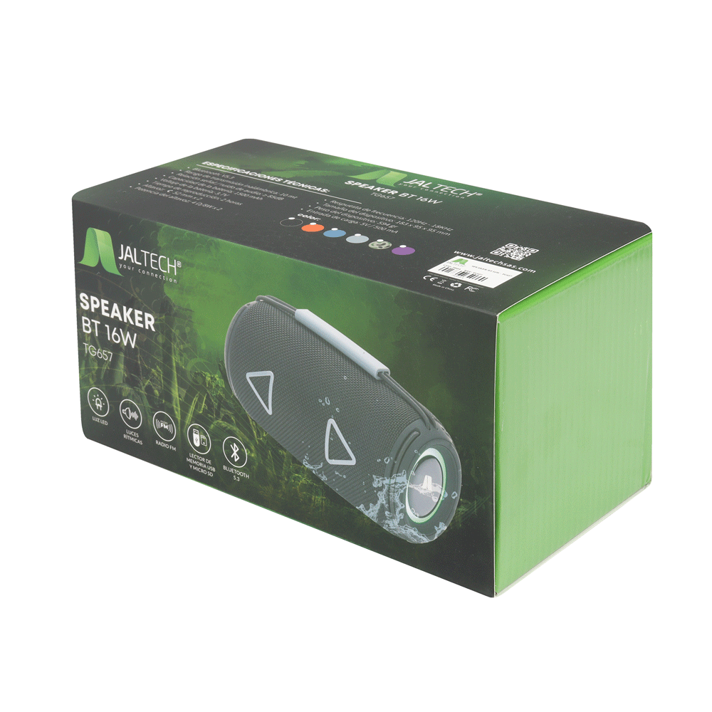 PARLANTE BAFLE BLUETOOTH 16W NEGRO 1500MAH RGB 3.5M MICRO SD USB FM TWS TG657