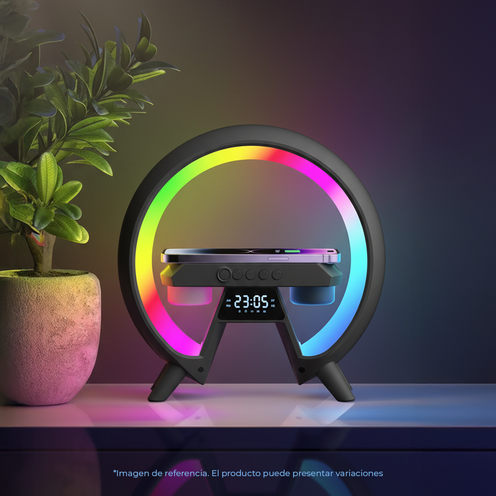 PARLANTE RGB GAMER V INVERSA BLUETOOTH RELOJ BATERIA 3W CARGA INALAMBRICA 15W