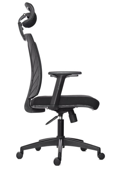 BRAZOS GRADUABLE / BASE NYLON / ASIENTO EN PAÑO NEGRO / ESPALDA EN MALLA NEGRA / CON CABECERO