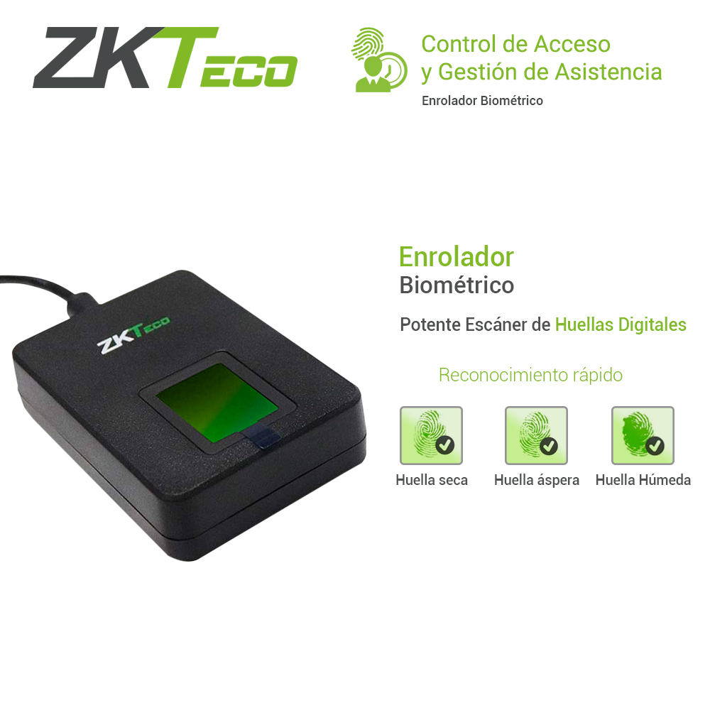 ENROLADOR DE HUELLAS USB DE ALTA RESOLUCIÓN / SDK GRATUITO PARA DESARROLLOS PROPIOS (JAVA, ANDROID, WINDOWS C#) / COMPATIBLE CON SOFTWARE ZKTECO