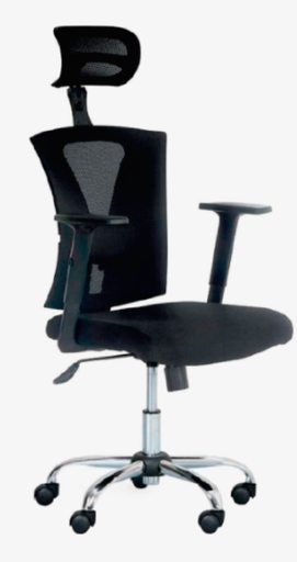 SILLA SHANGHAI BRAZOS GRADUABLE / BASE CROMO / ASIENTO EN PAÑO NEGRO/ ESPALDA EN MALLA NEGRA / CON CABECERO