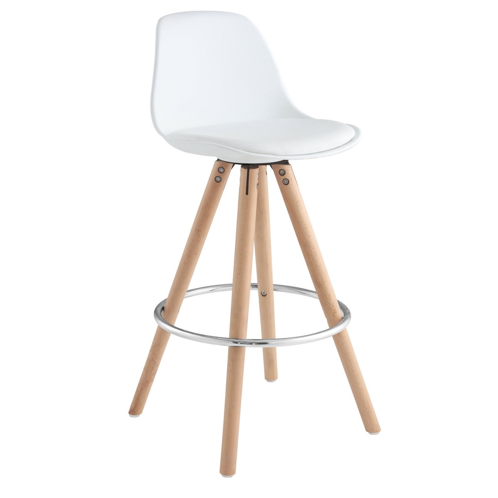 SILLA DE BAR ALTA BLANCA POLIPROPILENO ALCOLCHONABLE PATAS DE MADERA