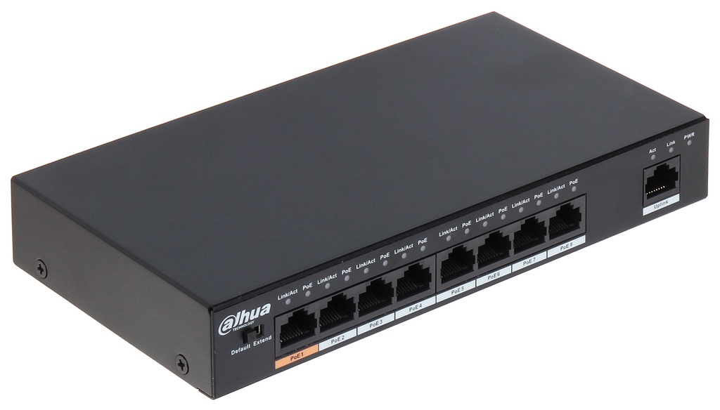 SWITCH POE 8 PUERTOS FASTETHER IEEE 802.3 AF/AT 1 PUERTO HASTA 60W RESTANTES HASTA 30W TOTAL MAX 96W DAHUA