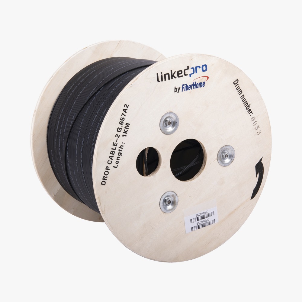 Carrete de 1 km de Fibra Óptica Drop, Interior/Exterior G.657A2 Monomodo de 2 hilos (bifibra), Dieléctrica, Forro Negro