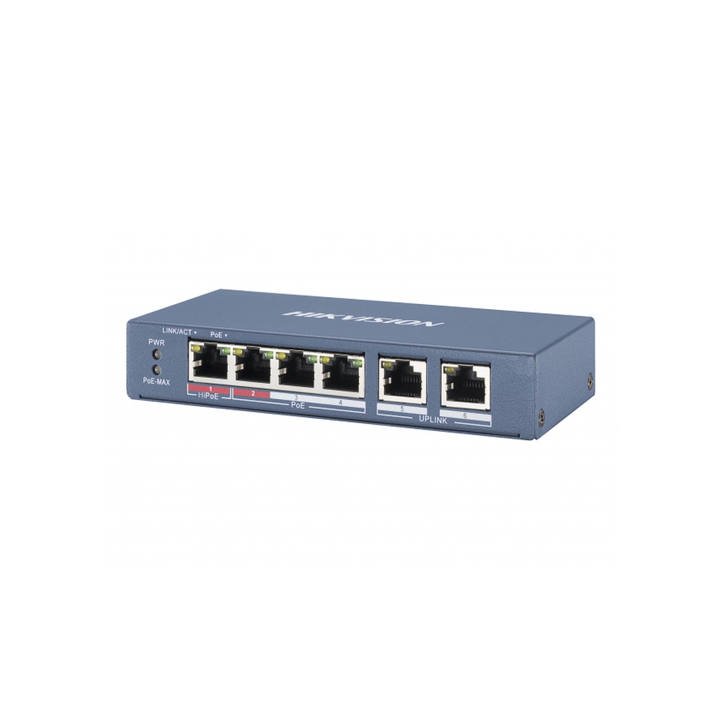 SWITCH POE+ / NO ADMINISTRABLE / 4 PUERTOS 10/100 MBPS POE+ (HASTA 300 M) + 2 PUERTOS 10/100 MBPS UPLINK / 35 W / HIKVISION