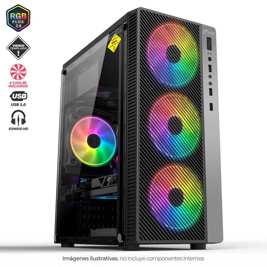 CHASIS GAMER RGB MALLA VIDRIO 4 COOLER INCLUIDOS USB 3.0