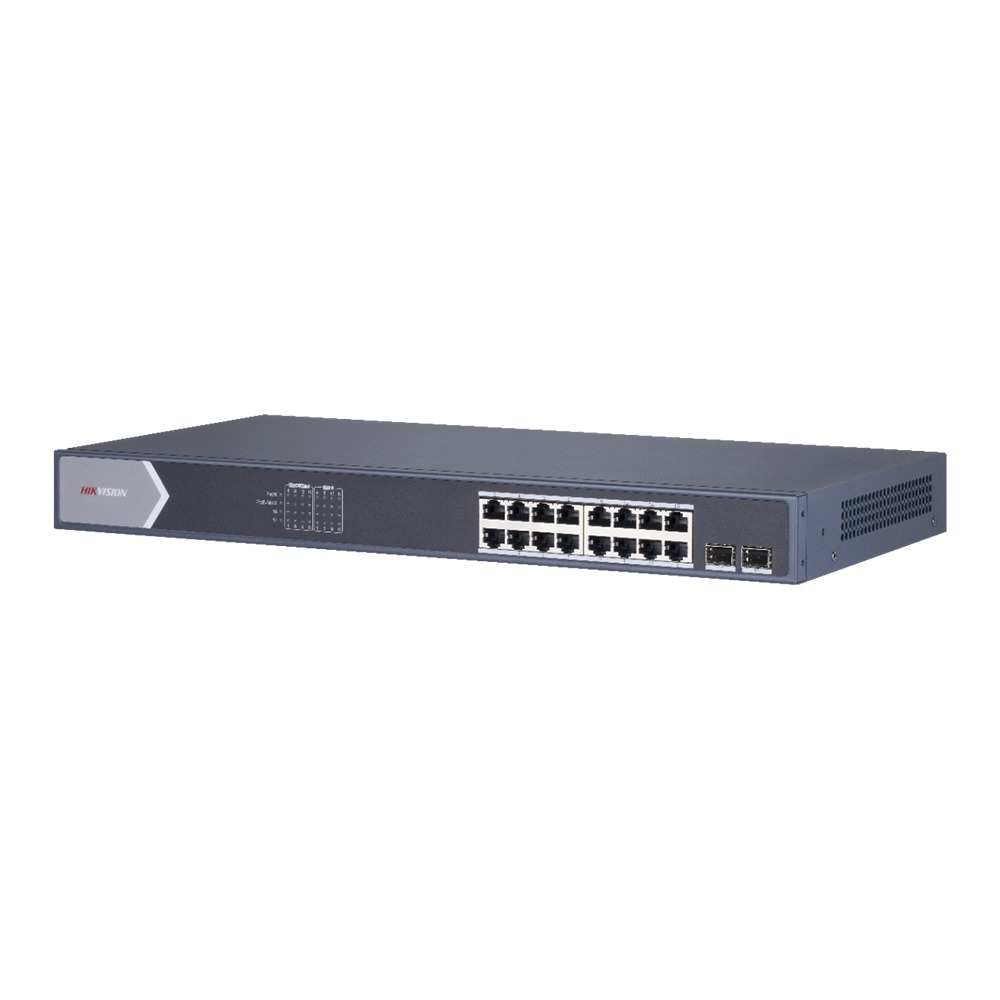 SWITCH GIGABIT POE+ / NO ADMINISTRABLE / 16 PUERTOS 10/100/1000 MBPS POE+ / 2 PUERTOS SFP DE UPLINK / 125 WATTS / HIKVISION