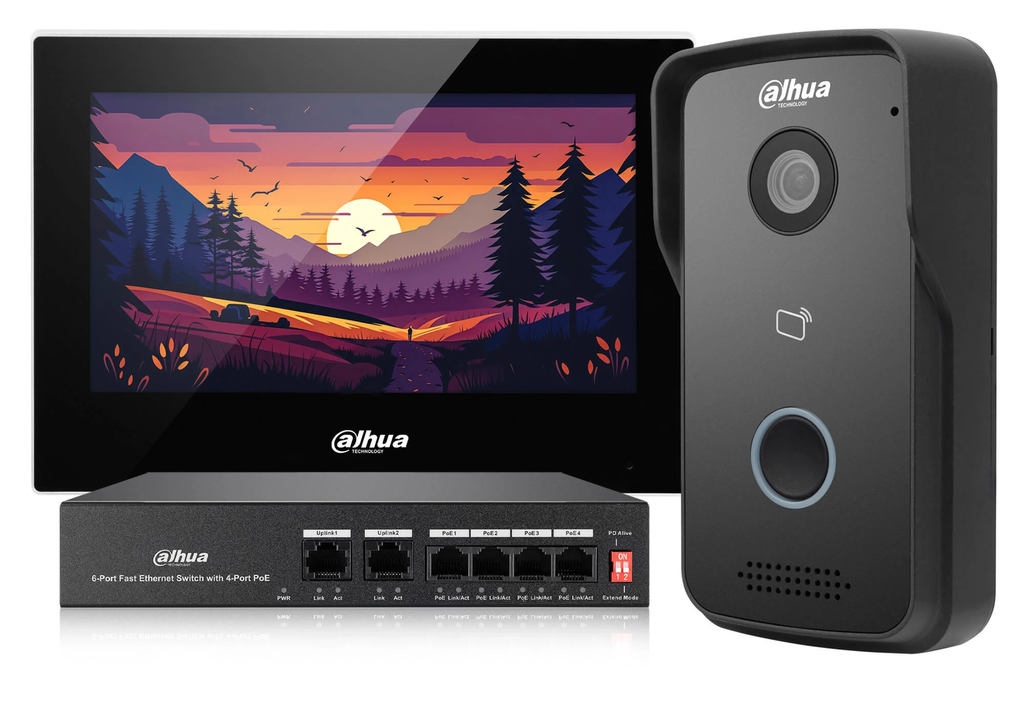 KIT DE VIDEO PORTERO IP FRENTE DE CALLE 2MP Y MONITOR IP POE CON SWITCH POE 4 PUERTOS
