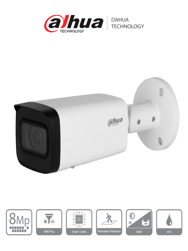 CAMARA DE SEGURIDAD IP BALA DE 8 MEGAPIXELES DAHUA MOTORIZADO 60M 2 IVS POE