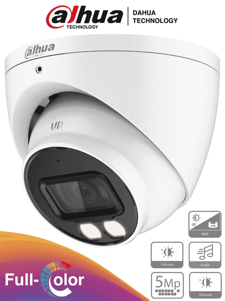 CAMARA DE SEGURIDAD DOMO FULL COLOR 5 MEGAPIXELES DAHUA 40 METROS MICROFONO 2.8M 5MP IP67