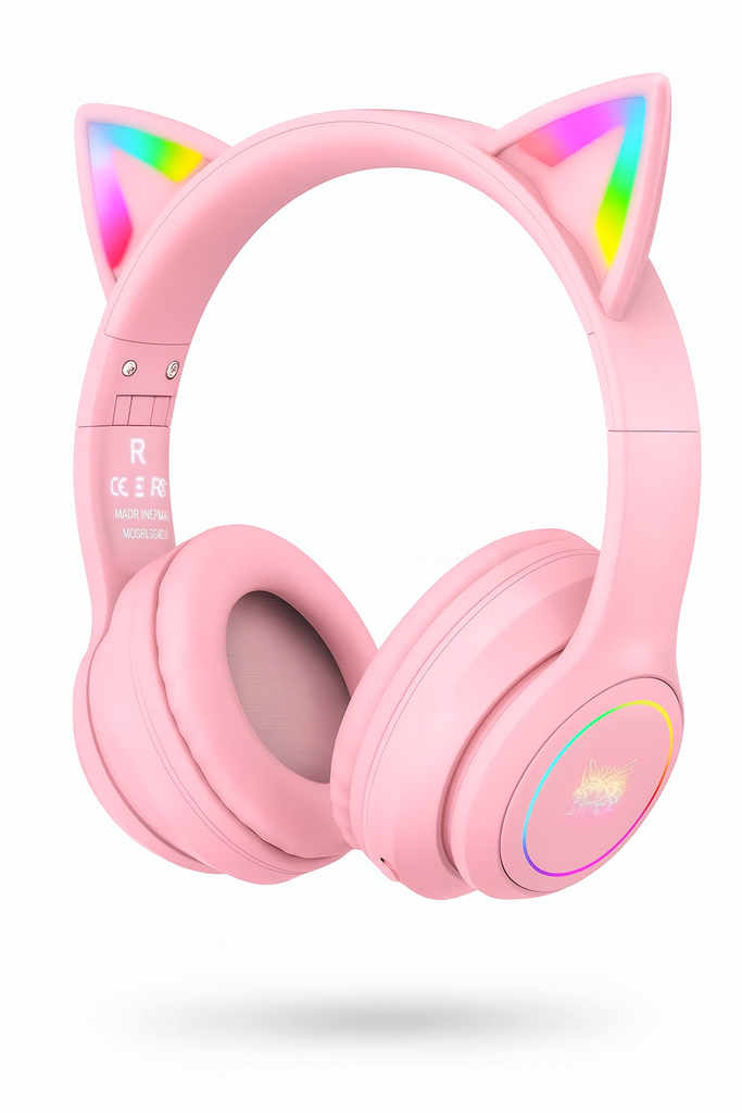 DIADEMA GAMER WAIFU BLUETOOTH RGB ROSADO MICROFONO RECARGABLE BATERIA