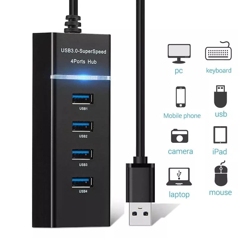 HUB USB DE 4 PUERTOS 3.0 RAPIDEZ PARA PC PORTATIL NEGRO LED