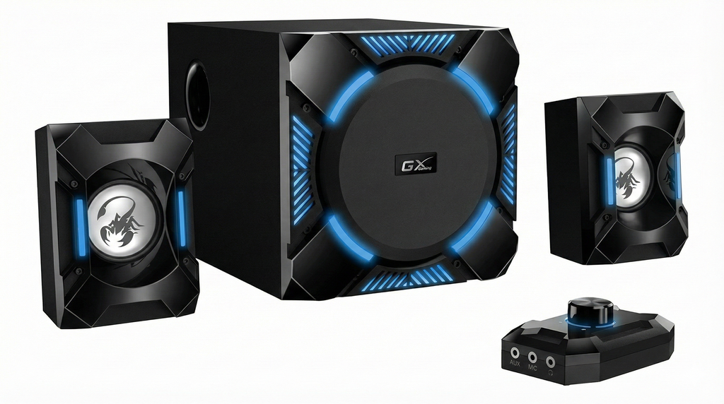 PARLANTES BAFLES GAMER 36W CONTROLADOR 3.5MM RCA PARA PC SONIDO NITIDO MADERA BAJO GENIUS