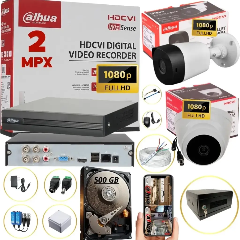 KIT DE 2 CAMARAS DE SEGURIDAD 1080P DAHUA CCTV + GABINETE